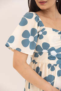 Robe midi à manches courtes à imprimé floral, col carré, coupe ample, style décontracté, robe d'été, tissu tissé respirant, 100% coton - Product Image 5