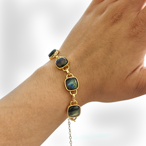 Pulsera de eslabones con labradorita natural de alta calidad en forma de cojín, latón chapado en oro de 18k, cabujón con múltiples piedras preciosas, pulseras de moda. - Product Image 4