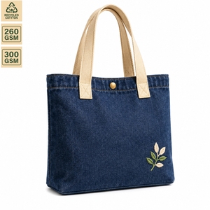 Custom Recycled Washed Denim <b>Mini</b> Tote Bag Floral Embroidery Inner Pocket Cotton Handles Wholesale Manufacturer 32x34x8cm Blue - Product Image 1