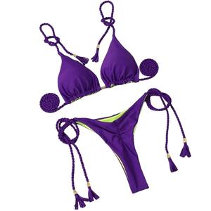 Blue and Green Solid Casual Knitted Quick Dry Polyester <b>Bikini</b> Set with Adjustable Straps - Product Image 2