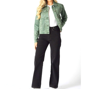 Women Green <b>Denim</b> <b>Jacket</b> Casual Button Front Long Sleeve Regular Fit Stonewashed Solid Color Autumn Outerwear - Product Image 2
