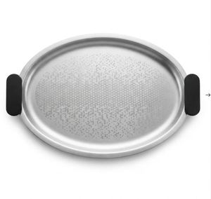 Plateau de service ovale en acier inoxydable, plateau en métal avec poignées noires, motif texturé gravé, vaisselle décorative, plateau de restauration - Product Image 2