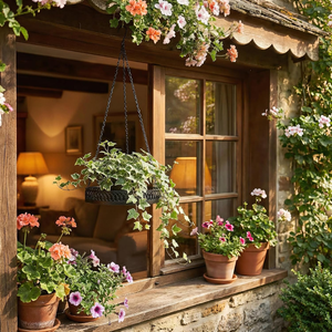Plateau suspendu surélevé pour plantes avec longue chaîne et bordure décorative en métal, support de pot de fleurs en fer noir pour balcon, patio, intérieur - Product Image 3