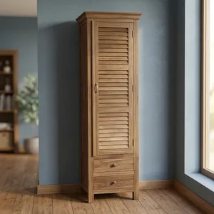Armoire haute en bois massif avec portes à persiennes et tiroirs, meuble de rangement rustique pour chambre à coucher - Product Image 3