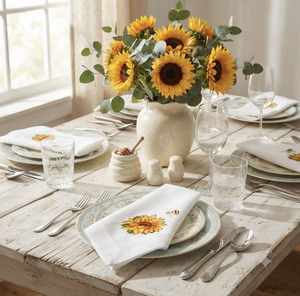 Serviette de table personnalisée en coton blanc brodé tournesol ourlet serviette de table pour la maison hôtel événements serviettes en tissu vente de gros - Product Image 3
