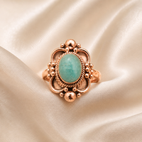 Bague en argent sterling 925 avec amazonite ovale cabochon, style bohème artisanal, filigrane, bijou statement, plaqué or rose et or jaune, art unique