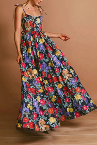 Robe longue à imprimé floral vibrant, taille haute, avec décolleté carré élégant et fines bretelles, longueur ras du sol - Product Image 3