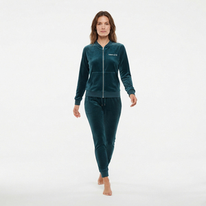 Ensemble de survêtement en velours pour femme, couleur turquoise, 2 pièces, veste zippée et pantalon de jogging, coupe slim, style décontracté - Product Image 3