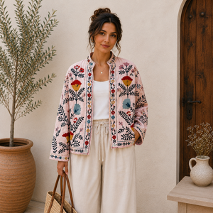 Veste en coton matelassée faite à la main pour femmes, broderie florale, style décontracté bohème, manteau léger à manches longues, style vintage, Bohobi BOHO19 - Product Image 1