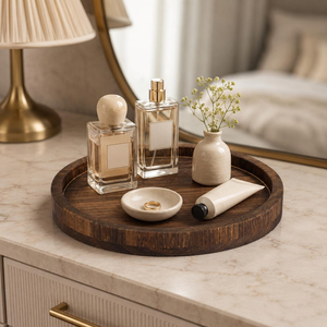 Round Wooden Serving Tray with Raised <b>Edge</b> Handmade Decorative Display Organizer for Coffee <b>Table</b> Home <b>Living</b> Room Decor - Product Image 3