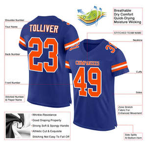 Maillot de football américain personnalisé, bleu marine, col en V, manches courtes, sublimation, maille respirante, polyester, adulte, unisexe - Product Image 2