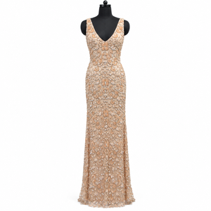 Ornate Beaded Evening <b>Dress</b> Deep V Neck Sleeveless Sheath Silhouette | <b>Gold</b> Floor Length Embellished <b>Formal</b> Party Occasion Gown - Product Image 1