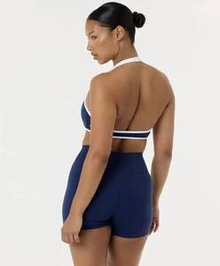 Ensemble de yoga 2 pièces pour femme 2026, bleu marine uni, soutien-gorge dos nu, short taille haute, respirant, en Spandex et Polyester, avec bordure contrastante - Product Image 3