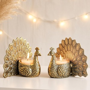 Ensemble de 2 bougeoirs en forme de paon doré, figurines d'oiseaux en aluminium, décoration bohème durable pour la maison, décoration de table - Product Image 1