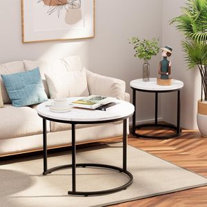 Modern <b>Round</b> Nesting Coffee <b>Tables</b> Set of 2 with White Marble Finish and <b>Black</b> Metal Frame Contemporary Living Room <b>Side</b> <b>Tables</b> - Product Image 3