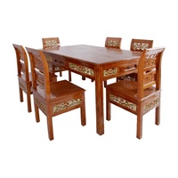 Ensemble de table à manger antique avec 6 chaises en bois massif de teck rectangulaire en noyer design de luxe riche sculpture pour meubles de salle à manger
