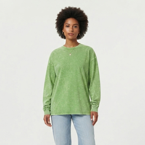Camiseta de manga larga vintage para mujer, de algodón, con lavado a la piedra y ácido, corte holgado, estilo casual urbano, oversize, para verano - Product Image 1