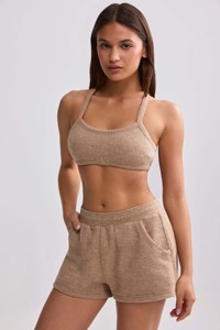 กางเกงขาสั้นผ้าเทอร์รี่สีน้ำตาลมอคค่ารุ่นใหม่ล่าสุดสำหรับผู้หญิง มีกระเป๋า เนื้อผ้านุ่มพิเศษ สวมใส่สบาย ระบายอากาศได้ดี เหมาะสำหรับออกกำลังกายและฟิตเนส - Product Image 3