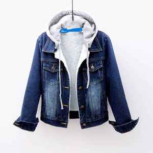 Sudadera con capucha de mezclilla al por mayor para mujer, chaqueta informal de mezclilla ajustada azul, tallas grandes, estilo universitario - Product Image 1