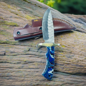Couteau de camping à lame clip pointe en acier Damas, multifonctionnel, qualité industrielle, manche bleu, étui en cuir, modèle court - Product Image 2