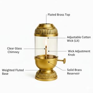 Akhand Jyot Brass Decorative Oil <b>Lamp</b> with Adjustable Bati Holder and Glass Cover 80 ml Gold Finish Akhand Deepak - Product Image 3