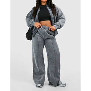 Cotton Blend Comfortable Everyday Clothing Acid Wash Tracksuits Lounge Fashion Custom Branding Jacket & Wide Leg <b>Trousers</b> Set - Product Image 6
