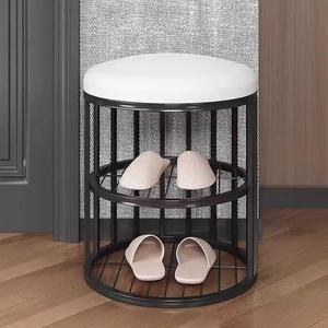 Round Shoe Rack Stool With <b>Cushion</b> Seat Dual Tier <b>Storage</b> Organizer Space Saving Design Strong Frame Stylish Entryway Unit - Product Image 1