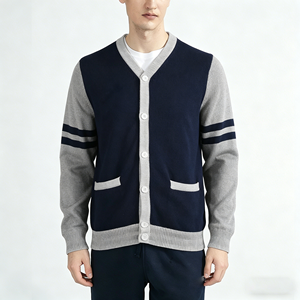 Cárdigan de punto sólido de alta calidad para hombre, color gris marino, cuello en V, manga larga, cierre de botones, para otoño, corte regular - Product Image 1