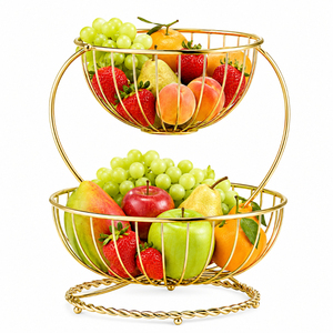 Modern Gold 2-Tier Fruit Basket Metal Wire <b>Vegetable</b> Display <b>Stand</b> Luxury Countertop Storage Organizer Bowl for Kitchen - Product Image 1