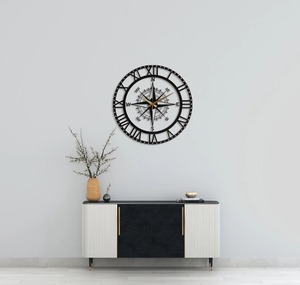 Roman Number And Compass Design Black Metal <b>Wall</b> <b>Clock</b> For Living Room And Office Adds Vintage And Nautical <b>Decor</b> Appeal - Product Image 1