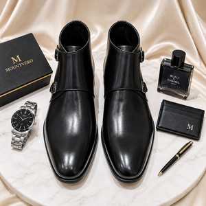 Bottes Chelsea classiques de luxe en cuir véritable pour hommes, bottes habillées à enfiler, noires, à bout rond, chaussures de ville formelles - Product Image 3