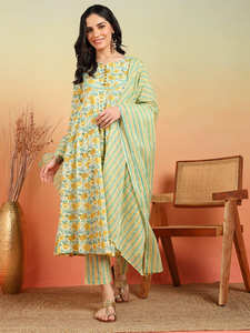 Premium Anarkali <b>Kurta</b> Pant Dupatta Set <b>Womens</b> Wear Yellow Floral Printed Three Quarter Sleeves Round Neck Comfortable Dress - Product Image 2