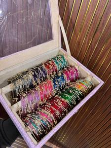Handcrafted Dotted <b>Glass</b> Raindrop Chudi Collection 192 Pcs Aesthetic Bangle Stack & Kashmiri Bell <b>Charms</b> in Sparkly Vanity Trunk - Product Image 1