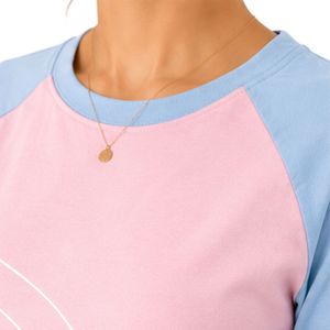 Camiseta Raglán Rosa y Azul Cielo para Mujer, Diseño de Bloques de Color con Estampado de Líneas Abstractas, Cuello Redondo, Manga Corta, Poliéster y Algodón, Informal, OEM - Product Image 4