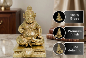 รูปปั้นคูเบอร์ชุบทองเหลืองจาก Jaipur Metals |   รูปปั้นเทพเจ้าฮินดูทองเหลืองแท้ 100% |   5.5 x 5.5 x 9 ซม. |   150 กรัม |   พูจามงคลและมอบของขวัญ - Product Image 2