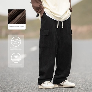 Men's Brown Corduroy Cargo Pants <b>Elastic</b> Waist Wide Leg Multiple Pockets Casual Autumn Style - Product Image 6