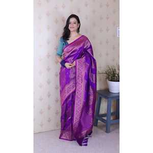 Sari Tradicional Chino de Seda Suave Color Morado con Bordado Bandhani Leheriya Zari - Product Image 5