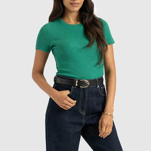 Nueva Llegada 2026 Camiseta Verde de Cuello Redondo y Manga Corta para Mujer, 100% Algodón Jersey, Corte Ajustado, Color Sólido, Informal, para Primavera/Verano - Product Image 3