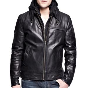 Custom Wholesale Mens Genuine Leather Breathable Windproof Hooded Jacket Double <b>Zipper</b> Black Biker <b>Coat</b> Casual Streetwear OEM - Product Image 1