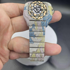 Montre à quartz en acier inoxydable de luxe édition limitée RAMDUT IMPEX, boîtier carré 20 mm, bracelet en cuir, cadran en cristal multicolore - Product Image 2