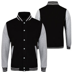 Veste varsity personnalisée noire et grise, style letterman, corps en laine, manches contrastées, style bomber, vêtement décontracté imprimé. - Product Image 3
