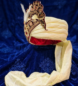 Pagri Tradicional de Seda Color Marfil para Novio, con Borde Zardosi Color Granate y Kalgi de Rubí, Turbante de Boda Safa, Venta al Por Mayor OEM - Product Image 2