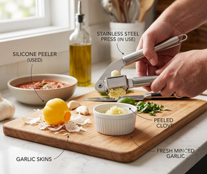 Presse-ail en acier inoxydable poli miroir argenté, certifié LFGB, écologique, avec poignée ergonomique et tube éplucheur en silicone pour aliments - Product Image 3