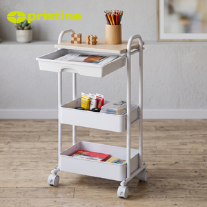 Three-Layer Plastic Rolling Storage Cart With Wooden Top Minimalist Design For Office Neatening And Organization - Product Image 3
