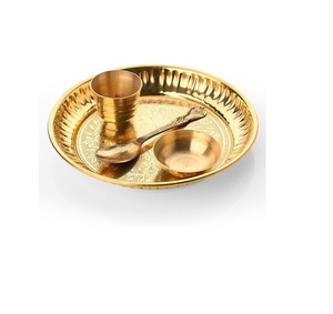 brass pooja thali small <b>8</b> inch decorative plate religious temple rituals traditional indian metal utensil engraved floral des - Product Image 5