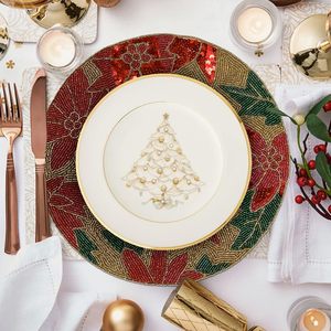 Luxury Handmade <b>Beaded</b> <b>Placemat</b> Round 14 Inch Christmas Poinsettia Design Table Mat Decorative Dining Table Decor - Product Image 1