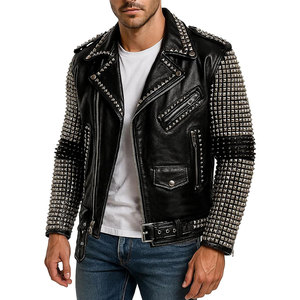 Men's Black PU Leather Motorcycle <b>Jacket</b> Punk Style Rivet Decorated Zipper Closure Turn-down Collar <b>Slim</b> <b>Fit</b> Autumn Wear - Product Image 2