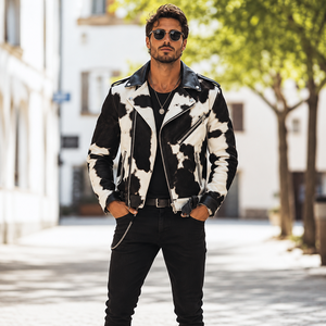 Blouson de moto en cuir véritable pour homme LEATHER SPOT, en cuir de vachette à poils, respirant, coupe-vent, élégant, style western décontracté, à carreaux, avec fermeture éclair - Product Image 4
