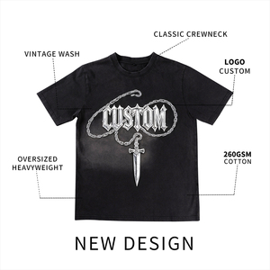 Custom Regular Fit Knitted Heavyweight 100% Cotton Black <b>Shirt</b> Washed Vintage Distressed Rhinestone Heat-Transfer Printing Blank - Product Image 2