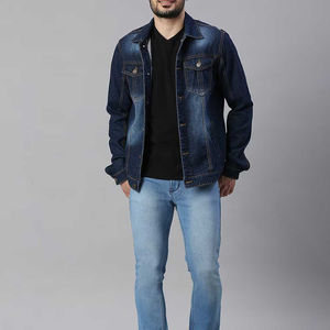 Veste en jean classique pour homme, col rabattu, coupe classique, coton lavé, style décontracté, vêtement d'automne, couleur bleue, logo et design personnalisés - Product Image 5